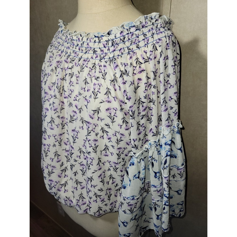 Free People Floral Smocked Off Shoulder Peasant Top Size Small Blue & Lavender - Picture 9 of 11